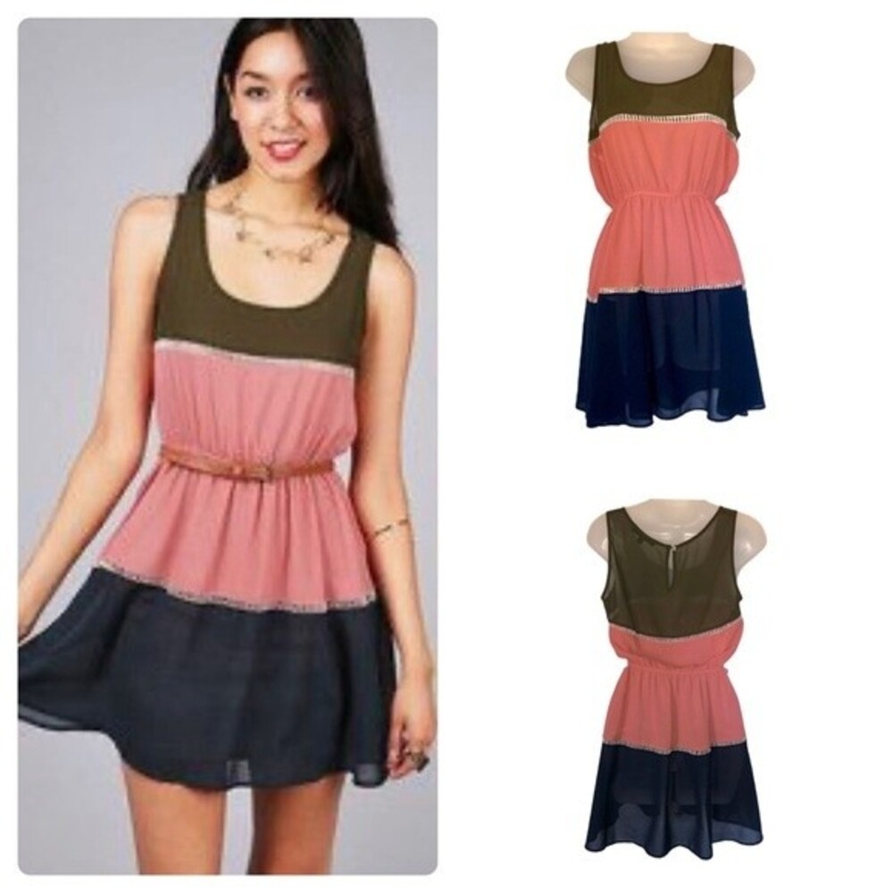 Double zero army green pink and navy color block dress size small